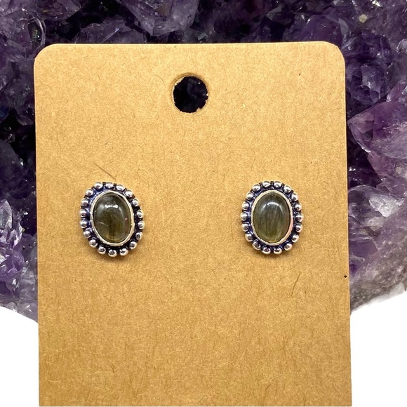 Labradorite Stud Earrings Silver Post Back Stud Natural Stone Jewelry